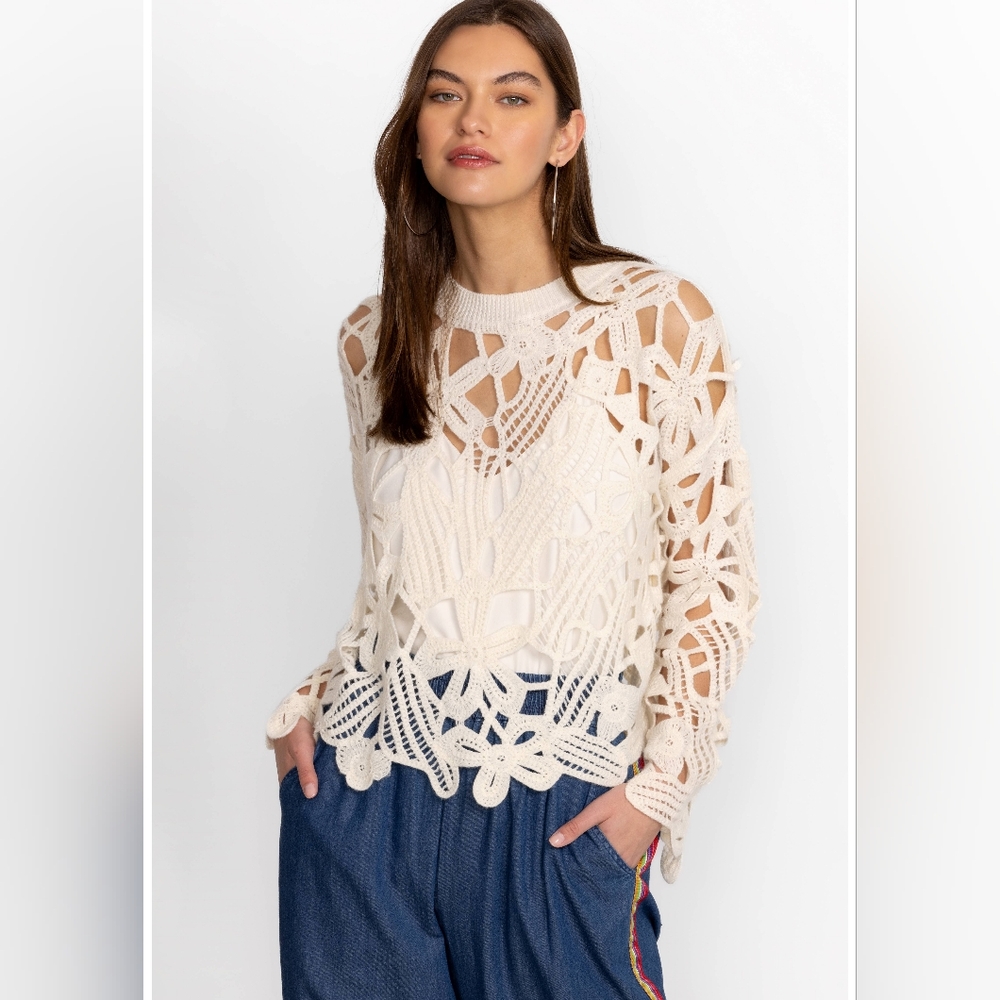 Johnny Was Susie Cashmere Wool Blend Crochet Pullover Ivory White Floral Size M